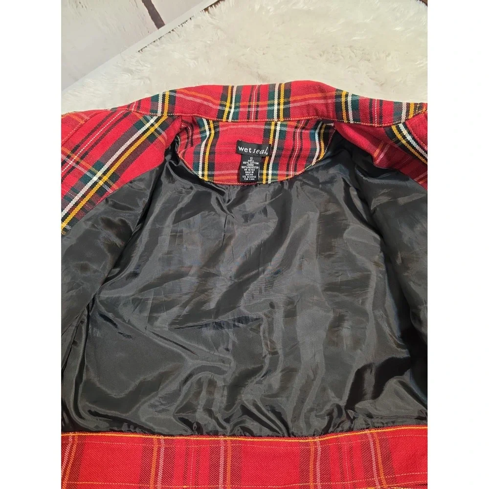 Wet Seal Red Plaid Cropped Belted Jacket  Cotton Tartan Button Up  Sz Junior S